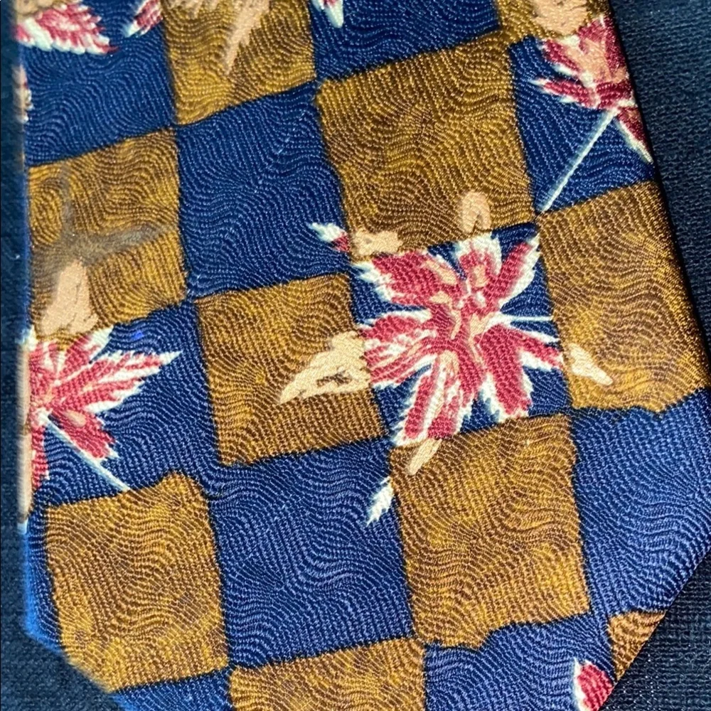 Roundtree & Yorke Blue Bronze Silk Necktie Checkerboard Leaf USA Vintage Fall